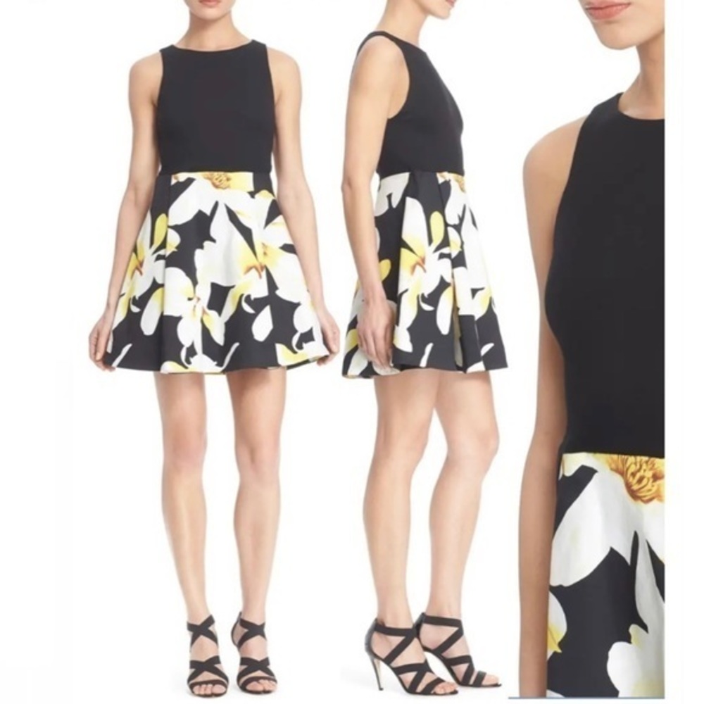 ALICE + OLIVIA KOURTNEY Sleeveless Box Pleated Combo Lined Dress Black /Floral 2 - Picture 9 of 15